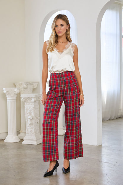 Tartan Plaid High Waisted Wide Leg Trousers - Red