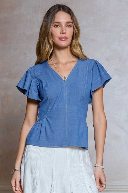 Voluminous Short Sleeve Peplum Blouse - Blue