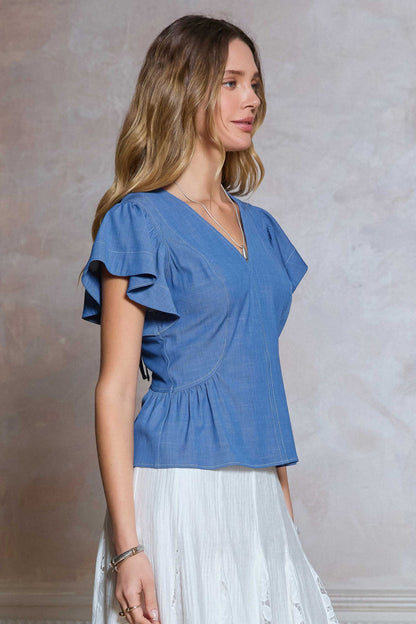 Voluminous Short Sleeve Peplum Blouse - Blue
