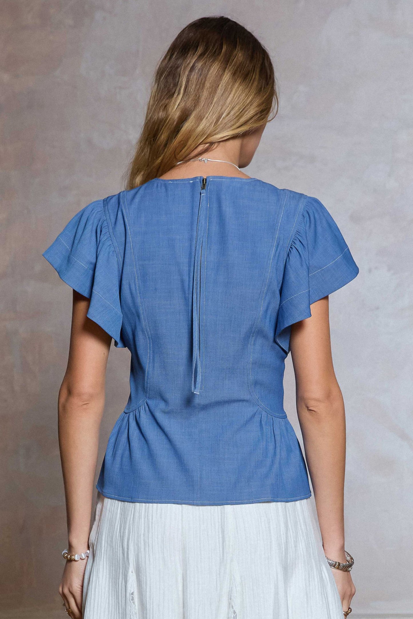 Voluminous Short Sleeve Peplum Blouse - Blue