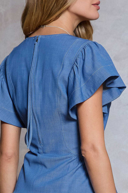 Voluminous Short Sleeve Peplum Blouse - Blue