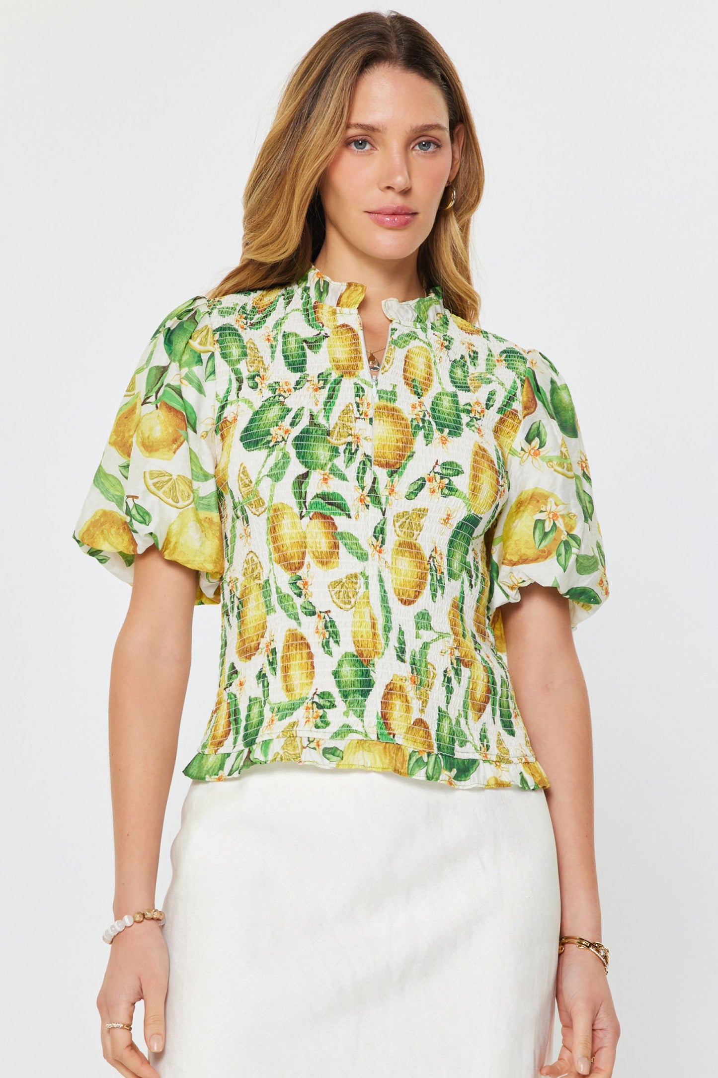 Lemon Printed Smocked Top - Multi