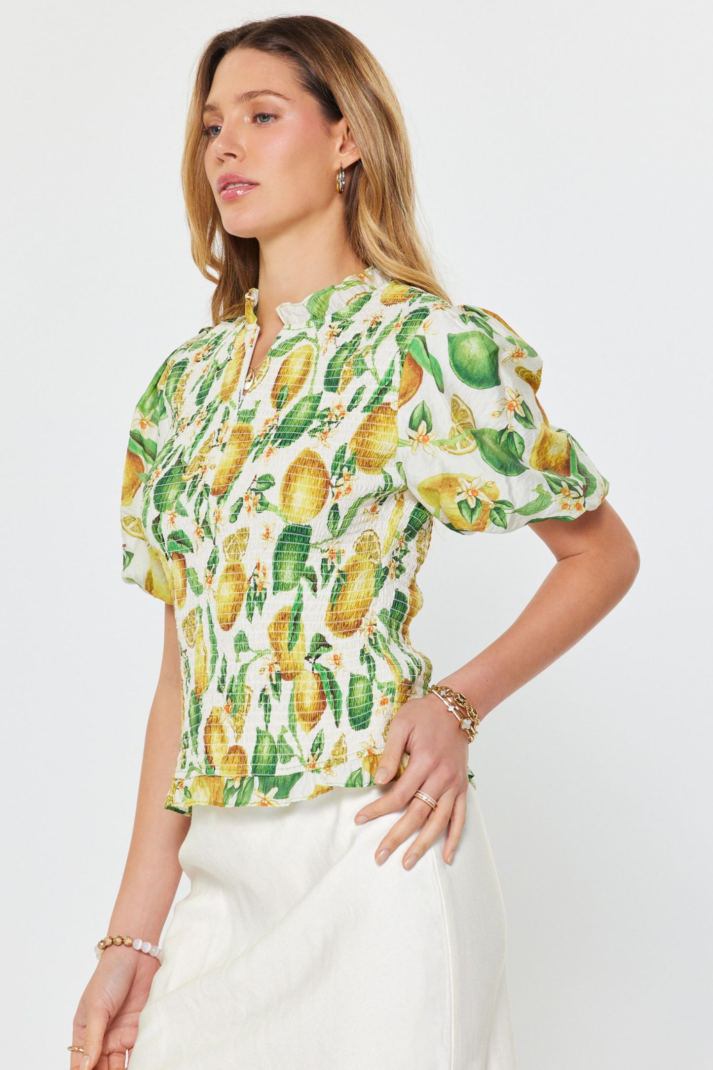 Lemon Printed Smocked Top - Multi