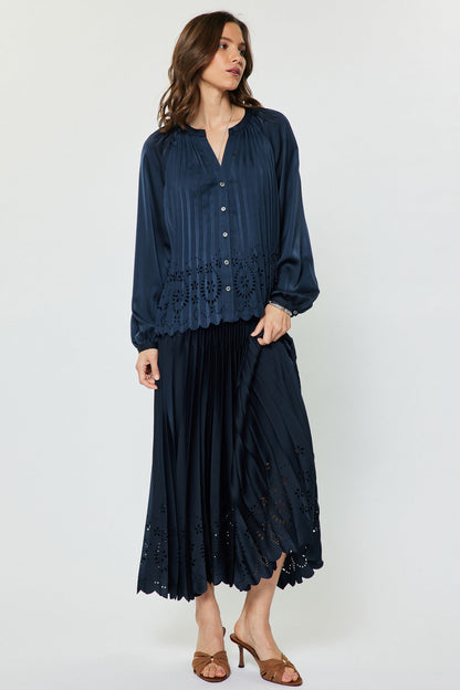 Allover Pleated Shirt Blouse - Navy