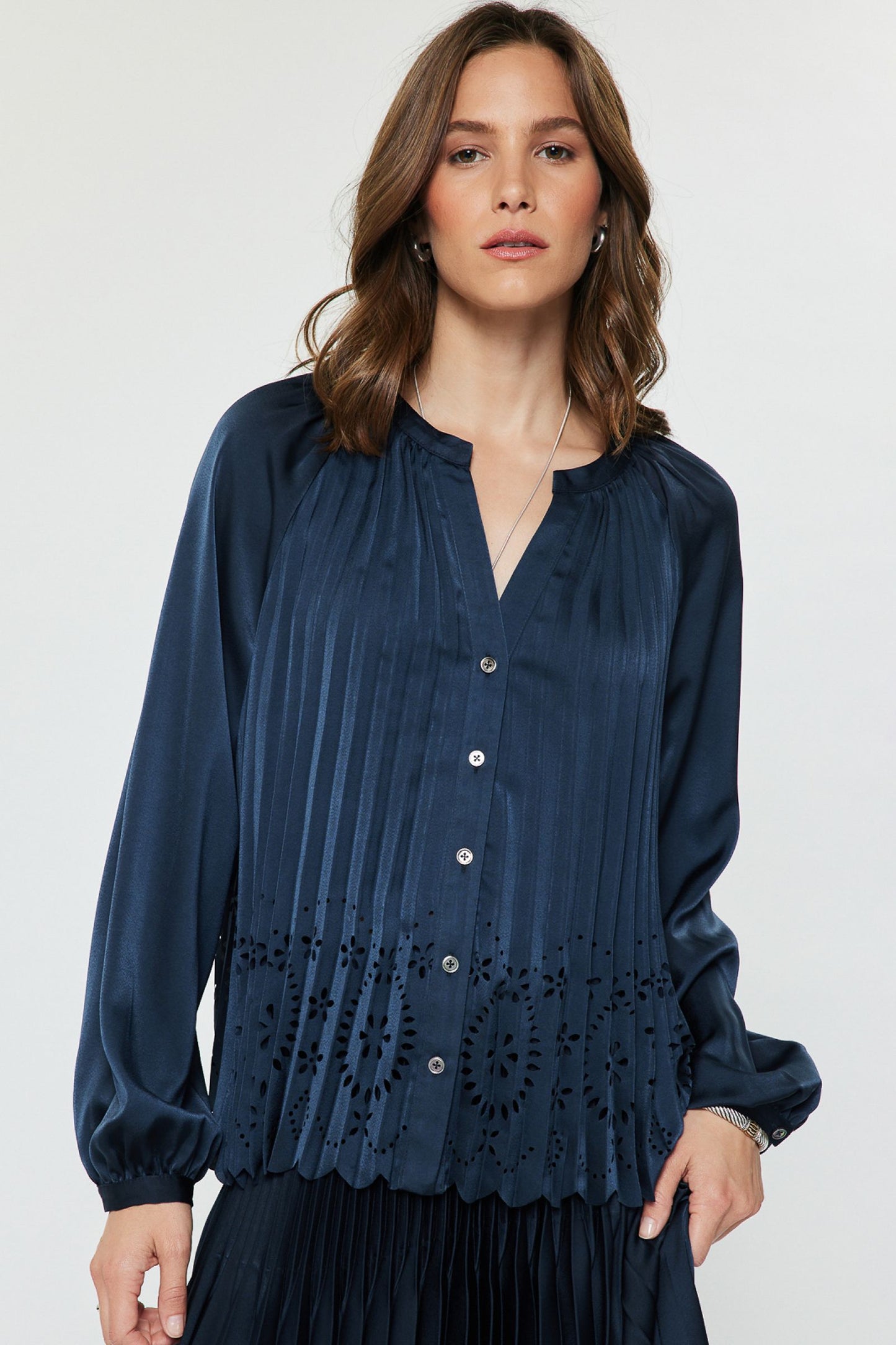 Allover Pleated Shirt Blouse - Navy