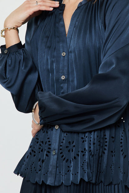 Allover Pleated Shirt Blouse - Navy