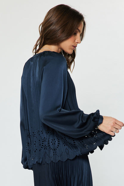 Allover Pleated Shirt Blouse - Navy