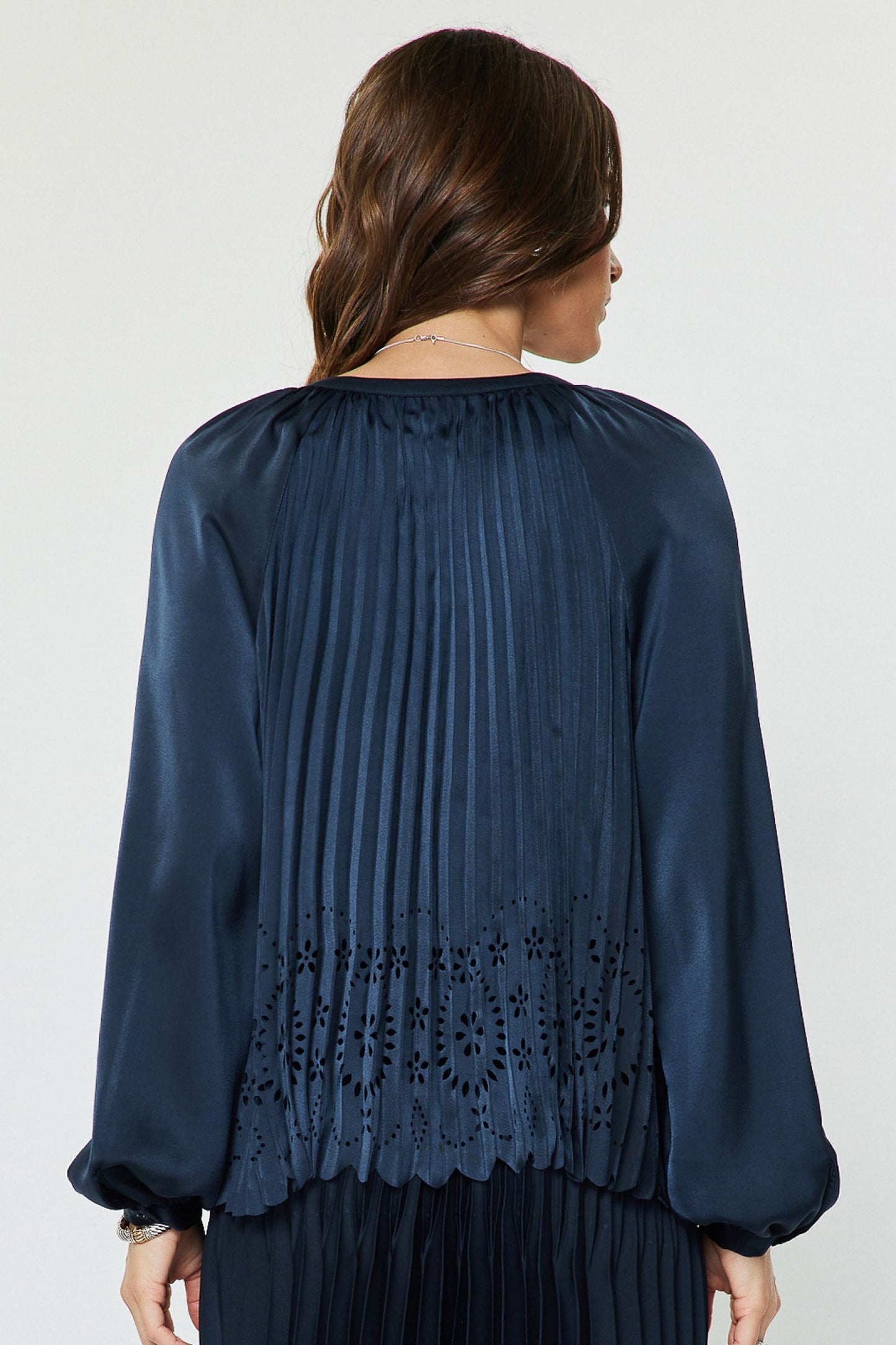 Allover Pleated Shirt Blouse - Navy