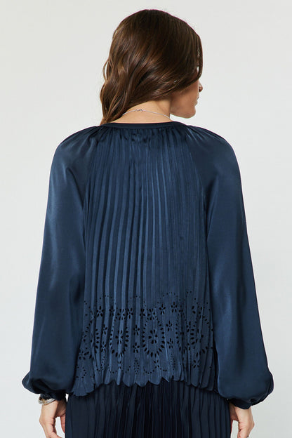 Allover Pleated Shirt Blouse - Navy