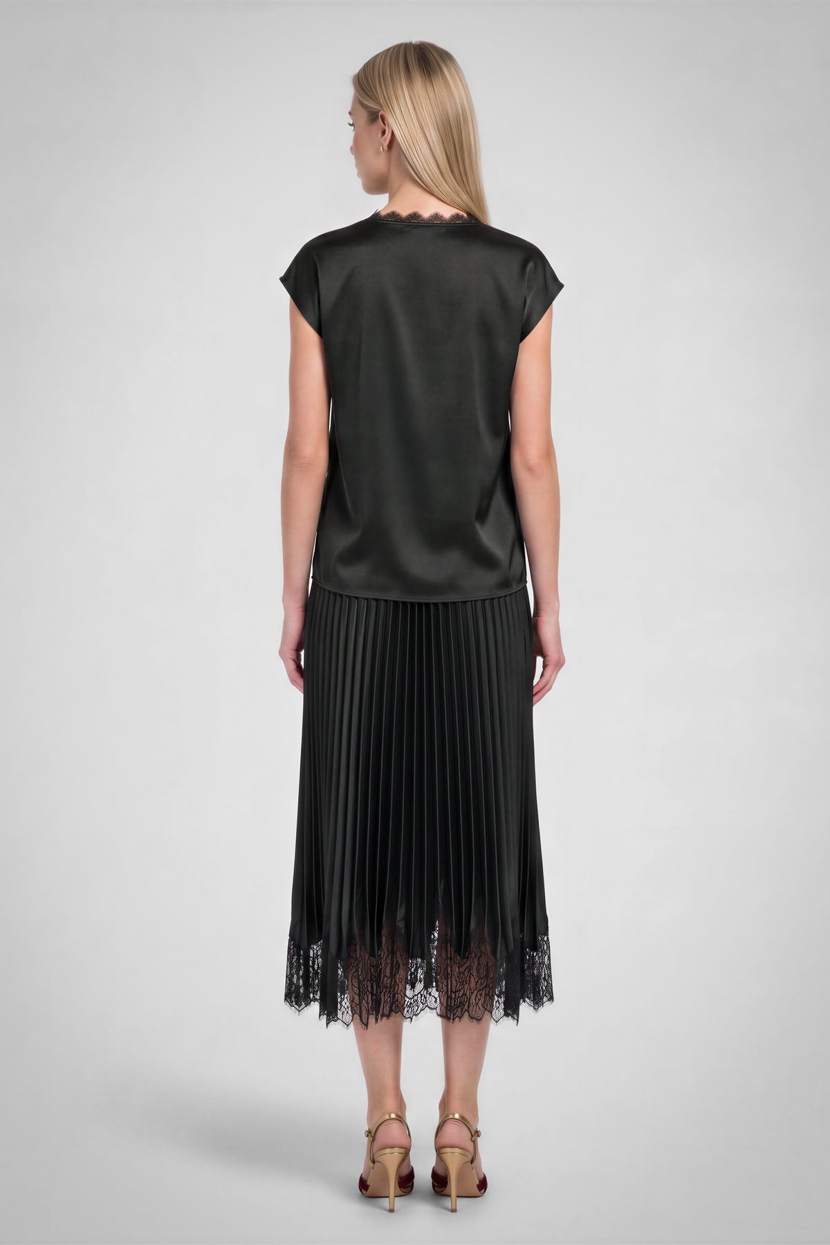 Lace V-Neck Satin Cap Sleeve Top - Black