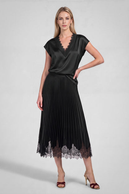 Lace V-Neck Satin Cap Sleeve Top - Black