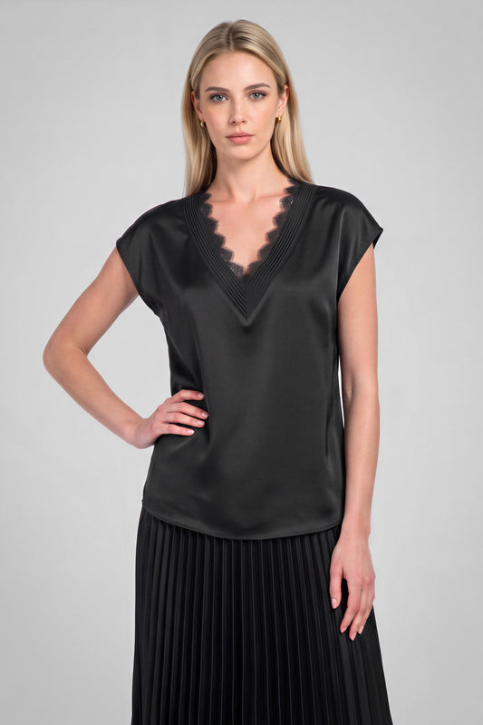 Lace V-Neck Satin Cap Sleeve Top - Black