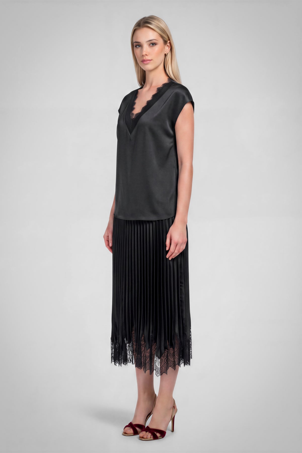Lace V-Neck Satin Cap Sleeve Top - Black