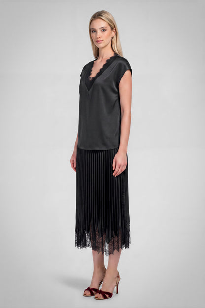 Lace V-Neck Satin Cap Sleeve Top - Black