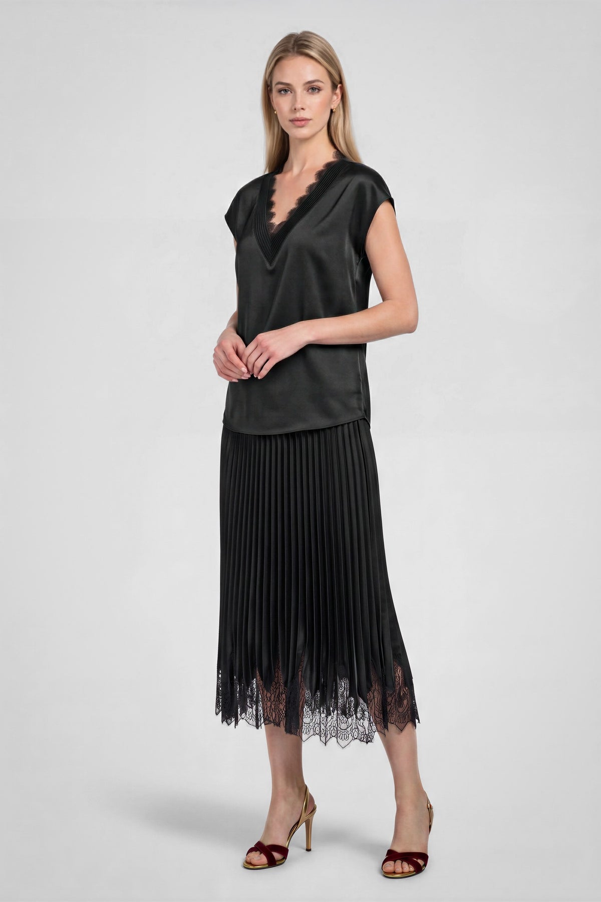 Lace V-Neck Satin Cap Sleeve Top - Black