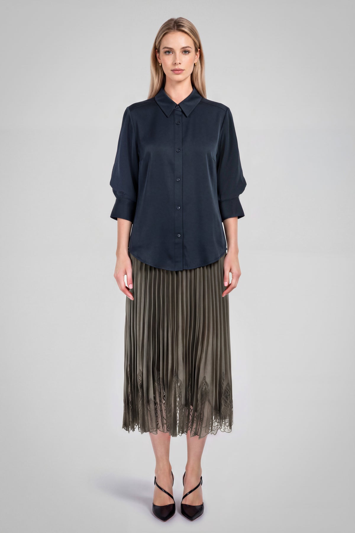 Satin 3/4 Sleeve Button-Down Shirt - Dark Navy