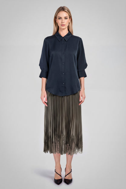 Satin 3/4 Sleeve Button-Down Shirt - Dark Navy