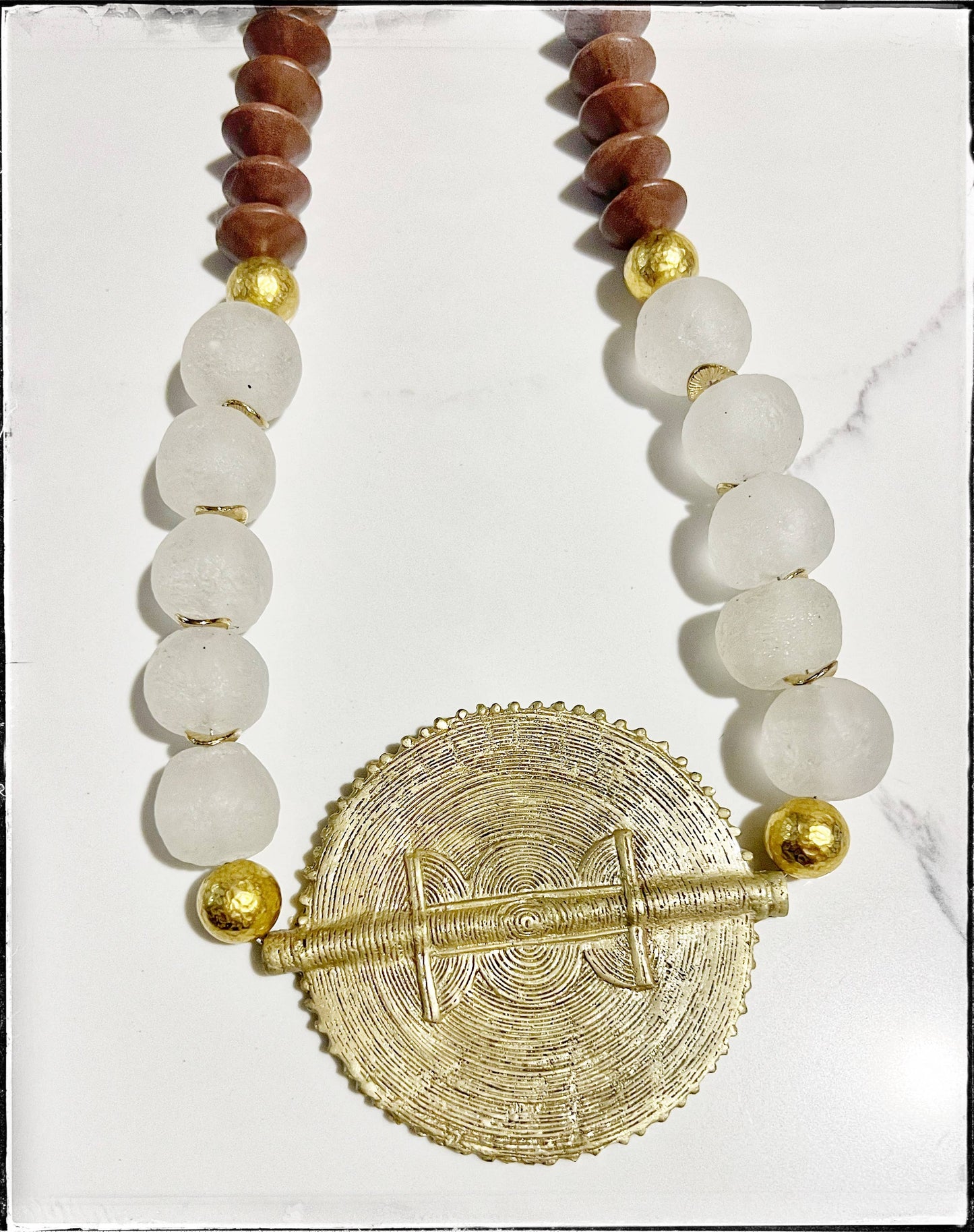 Brass Baule Pendant Necklace w/ Wood & Glass Bead - White