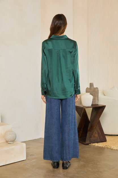 Satin V-Neck Collared Blouse - Hunter Green