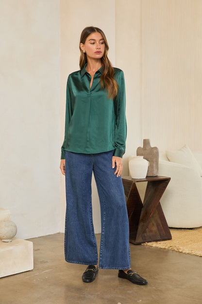 Satin V-Neck Collared Blouse - Hunter Green