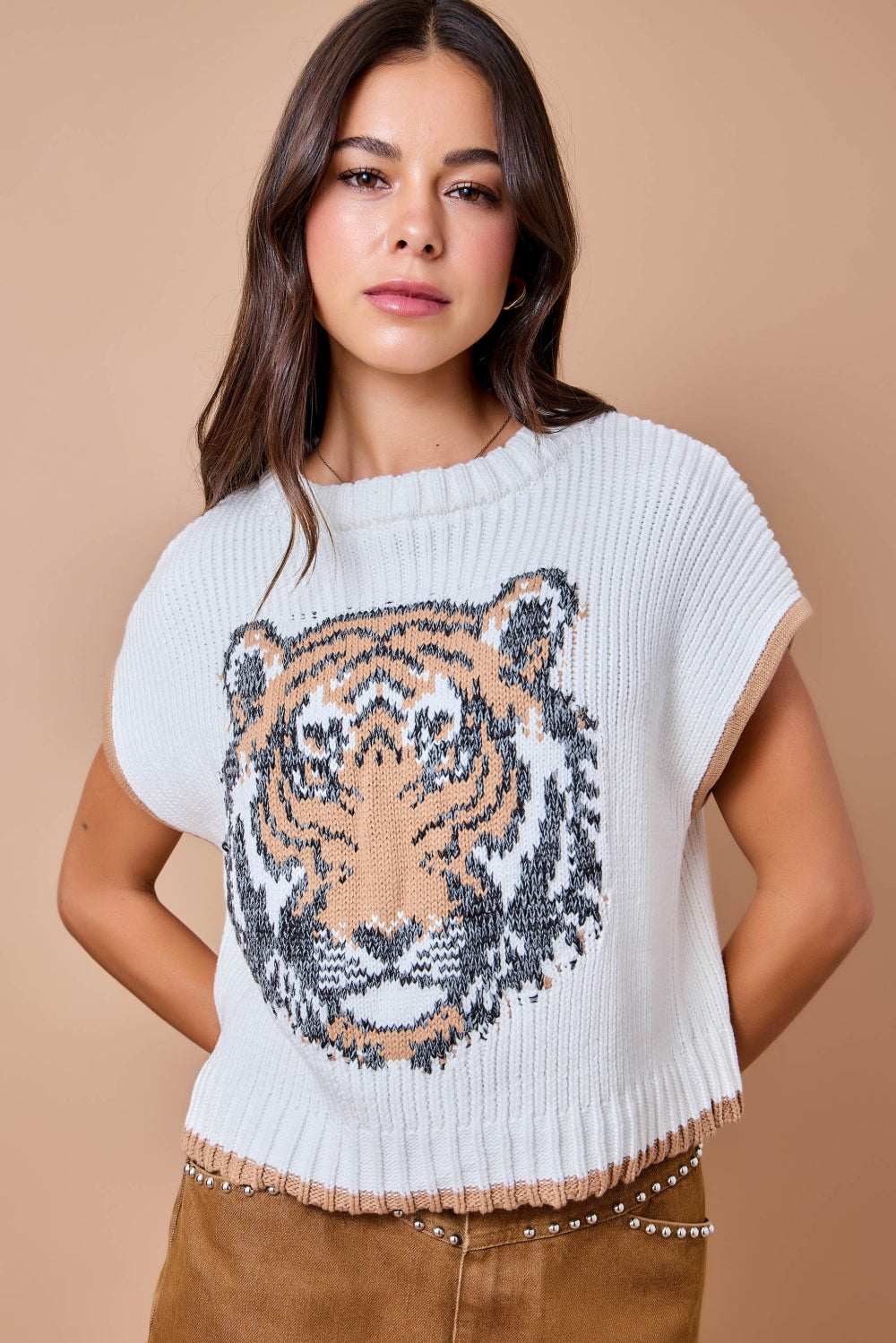 Game Day Tiger Intarsia Sweater Vest - Ivory/Brown