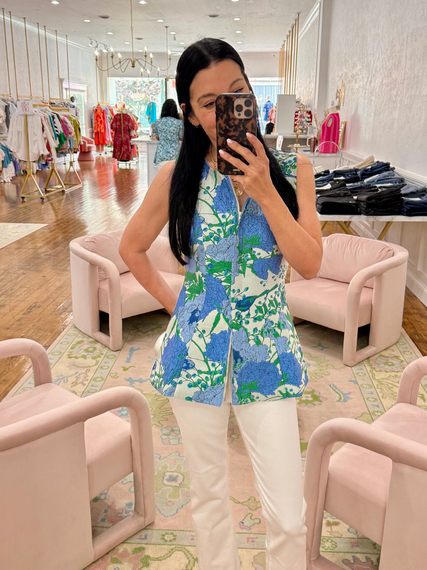 Willa Floral Maize Jacquard Sleeveless Top - White/Blue