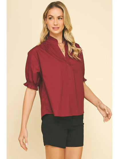 Balloon Sleeve Blouse Top - Burgundy