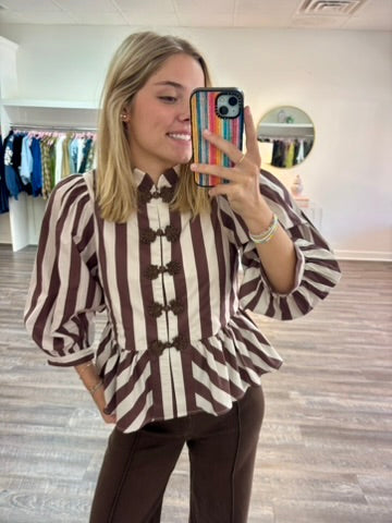 Stripe 3/4 Balloon Sleeve Top - Brown/Ecru