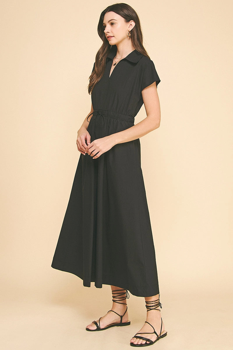 Solid Midi Dress with Open Back - Black