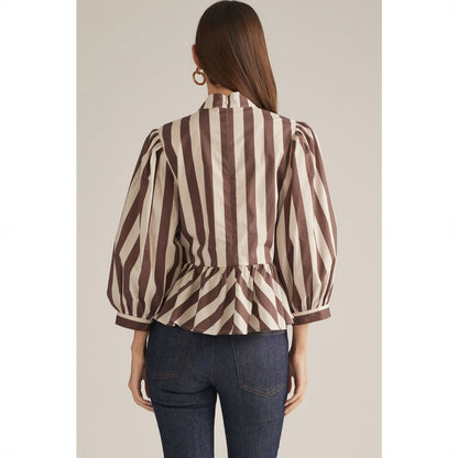 Stripe 3/4 Balloon Sleeve Top - Brown/Ecru