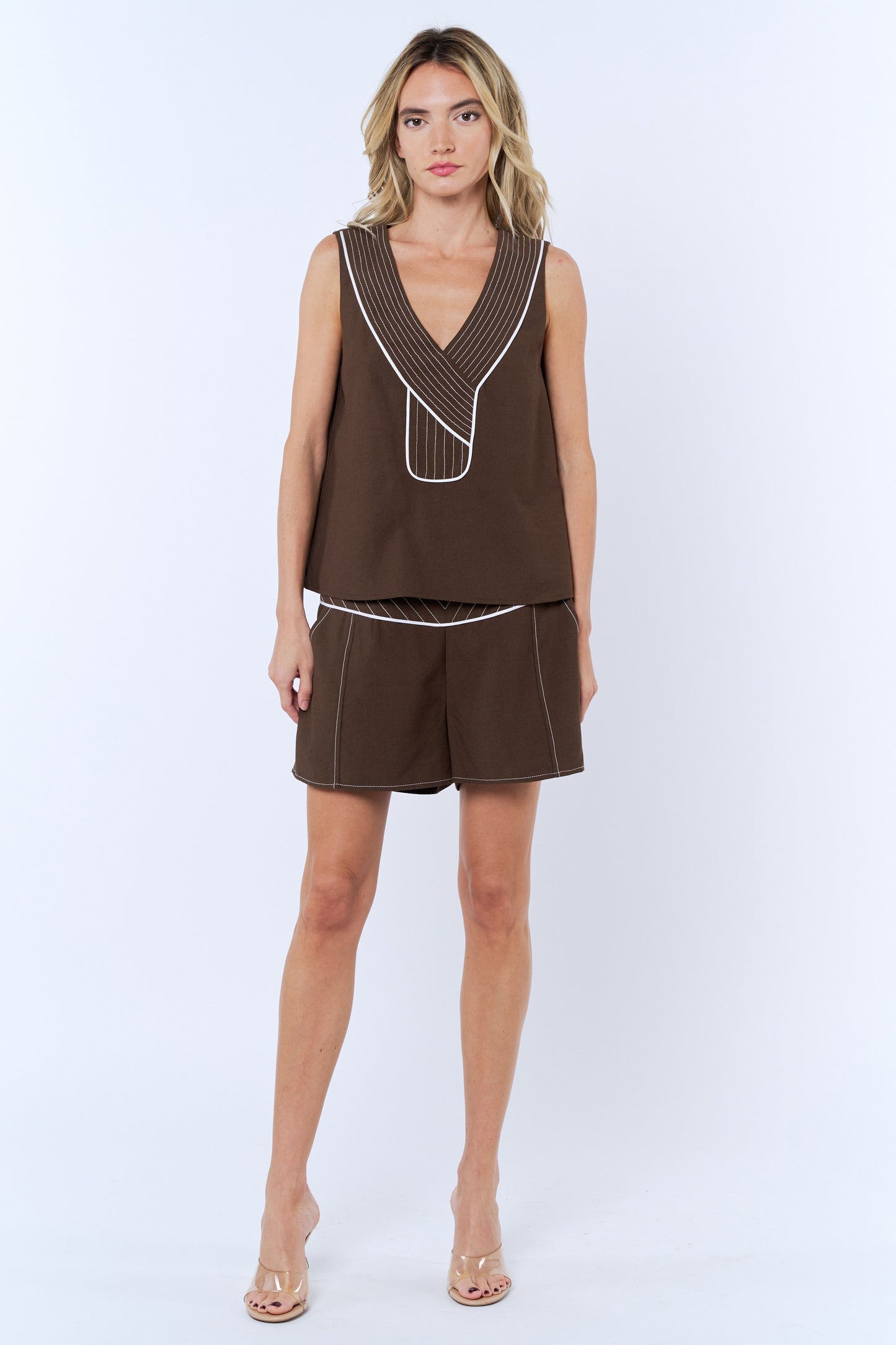 Coco Topstitched Shorts - Coco Brown