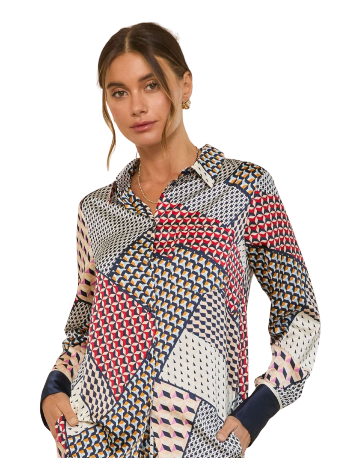 Geometric Patchwork Print Button-Down Silky Blouse - Navy Multi