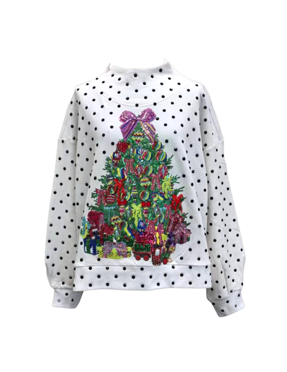 Queen of Sparkles White & Black Polka Dot Multi Christmas Tree Mockneck Sweatshirt