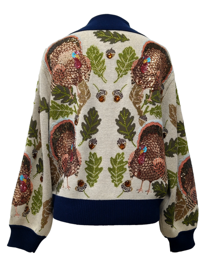Queen of Sparkles Navy Trim Button Up Turkey, Leaf & Acorn Button Up Cardigan