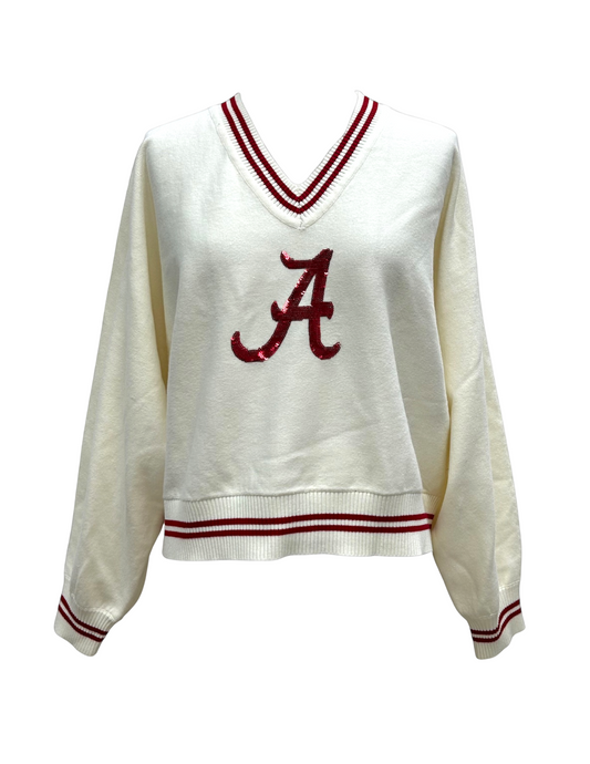 Queen of Sparkles Licensed Alabama V Neck Striped Cuff Long Sleeve Sweater With Small Mascot