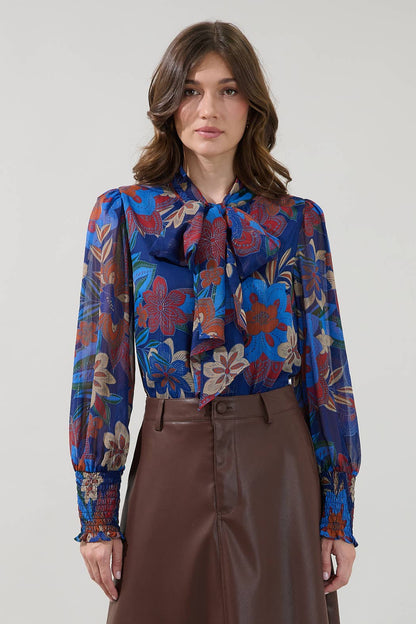 Etienne Tie Neck Long Sleeve Blouse Floral - Navy Multi