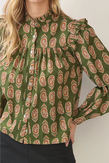 Paisley Print Button Down Shirt - Olive