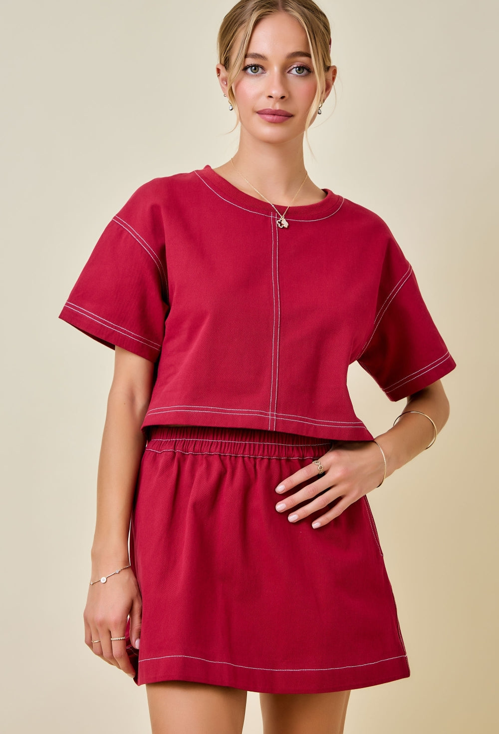 High Waisted Contrast Stitch Denim Skirt - Maroon