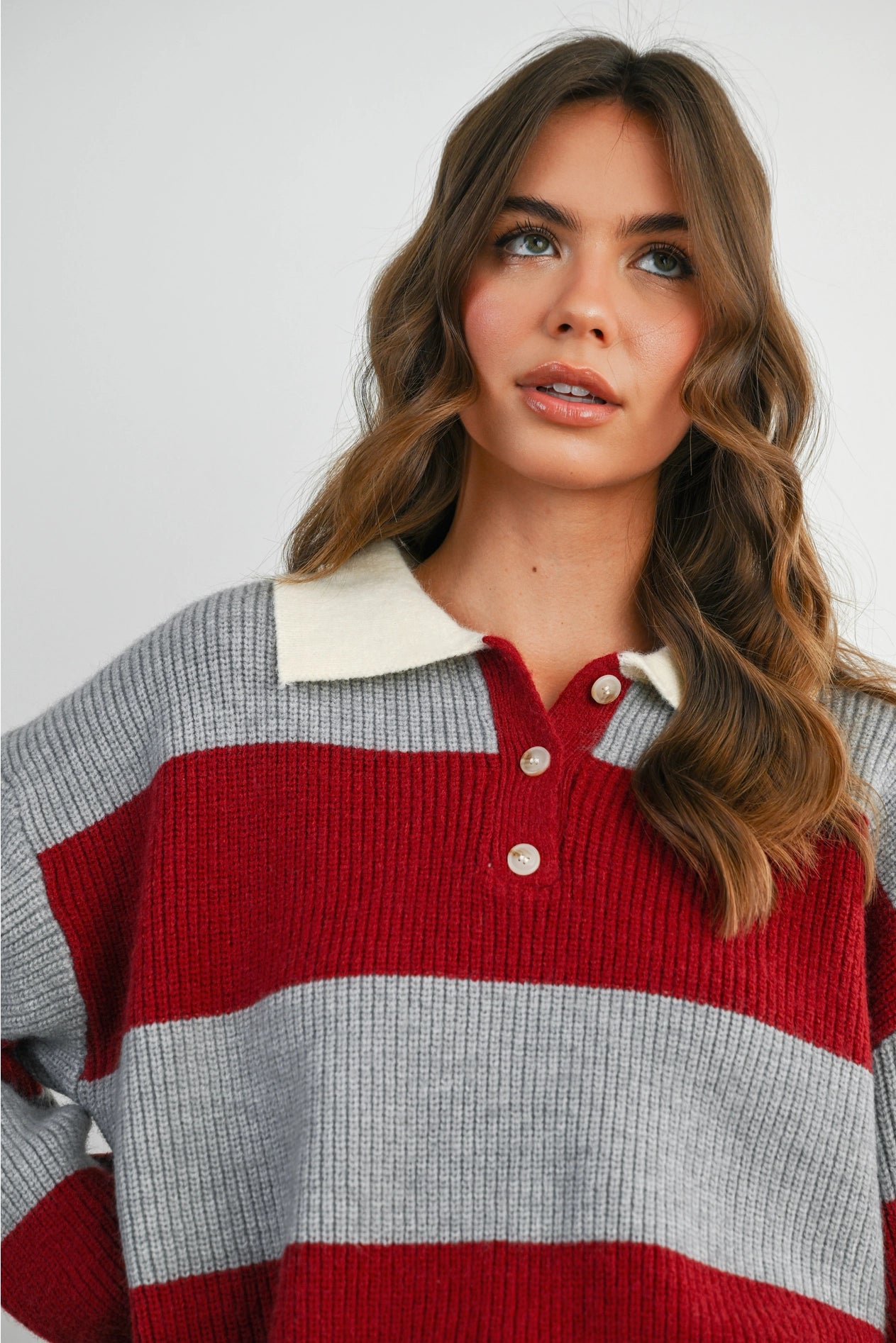 Buttoned Striped Collared Long Sleeve Top - Grey/Burgundy