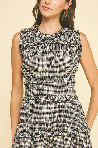 Gingham Shirring Detailed Maxi Dress - Black