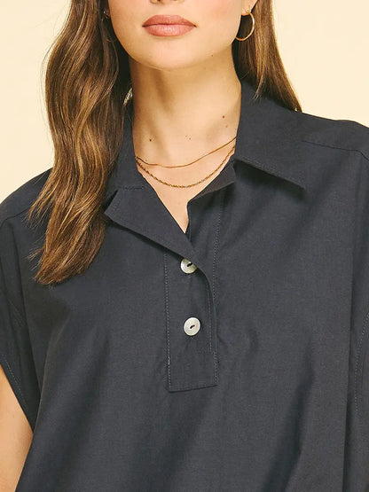 Solid Cap Sleeve Blouse Top - Navy