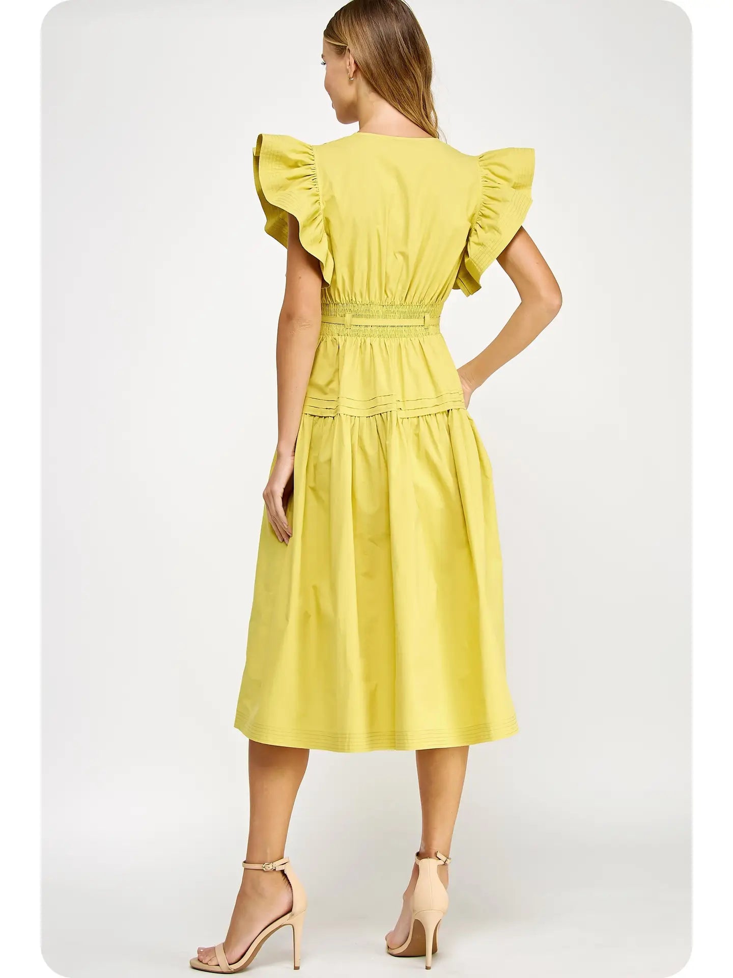 Flutter Sleeve Poplin Midi Dress - Chartreuse