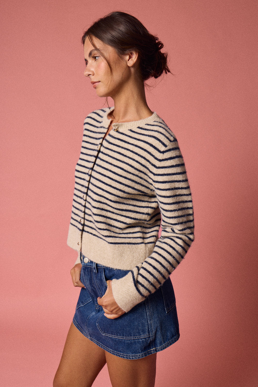 Striped Button Front Cardigan - Taupe/Black