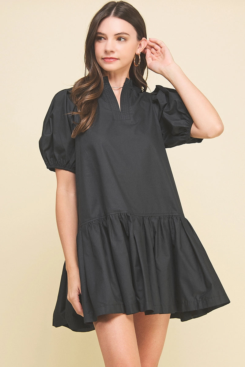 Solid Tiered Mini Dress - Black