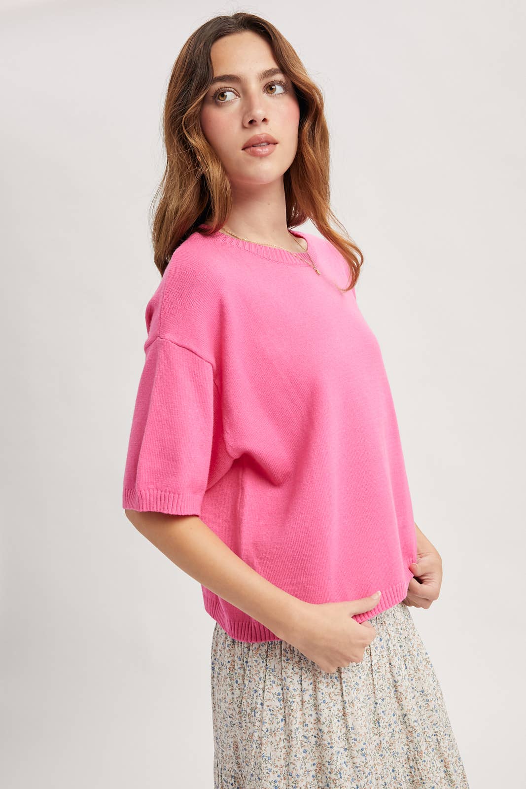 Short Sleeve Sweater Top - Punch
