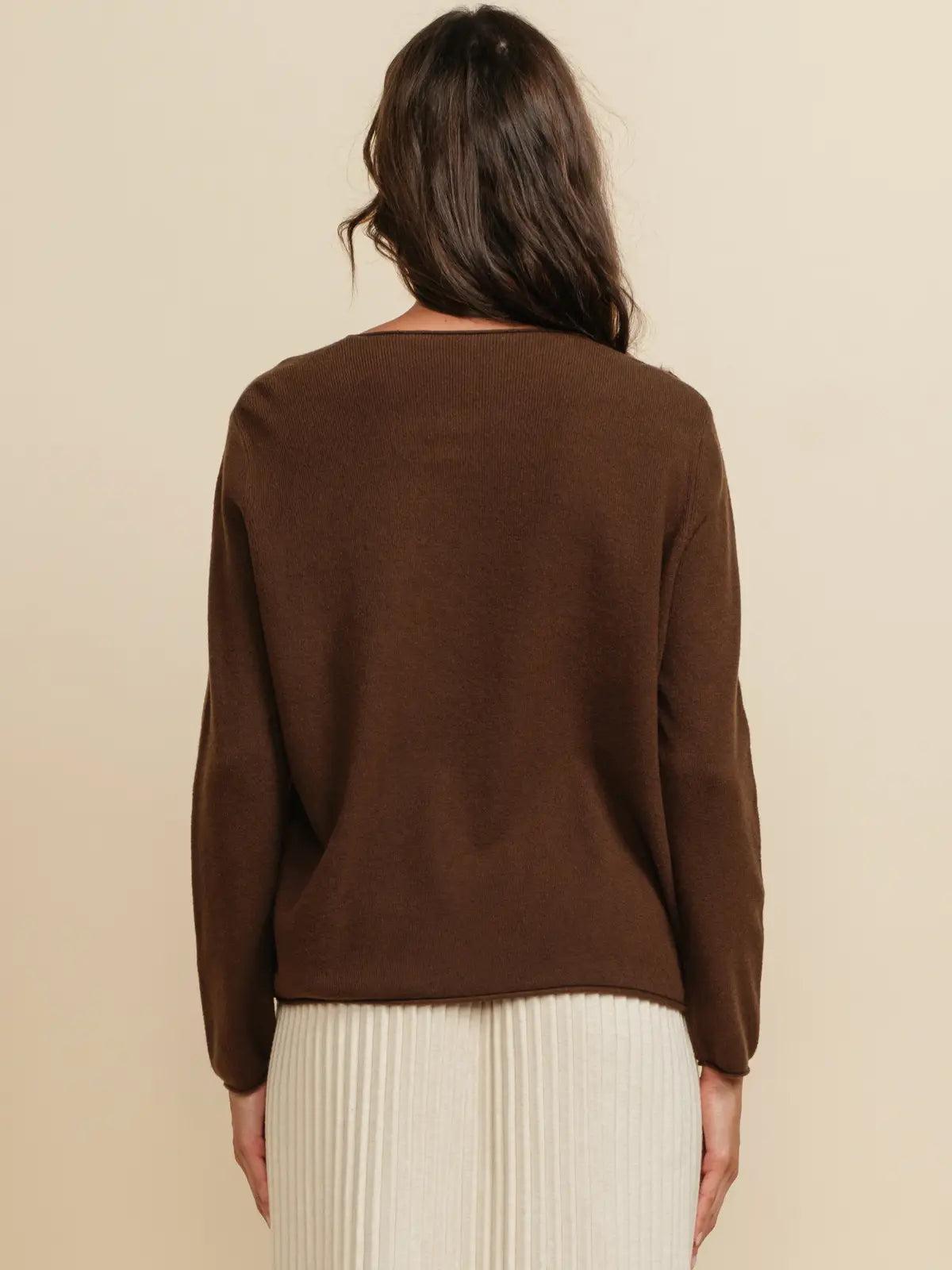 Essential V-Neck Long Sleeve Pullover Sweater Top - Brown