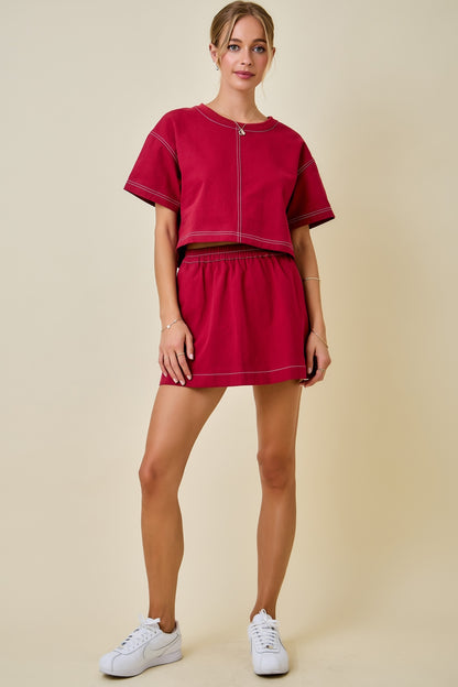 Boxy Cropped Contrast Stitch Detail Top - Maroon