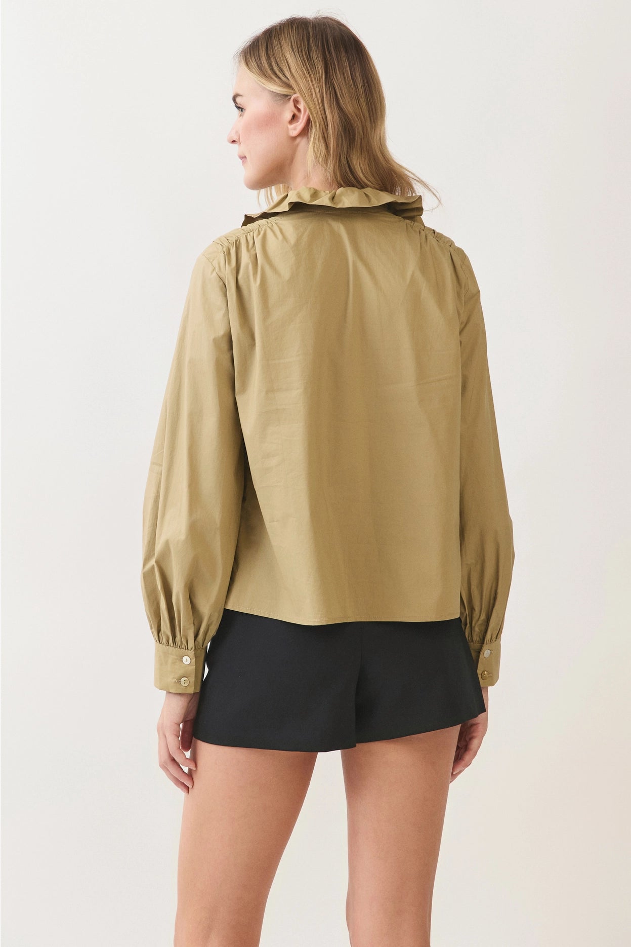 Ruffled High-Neck Button Down Shirt - Khaki