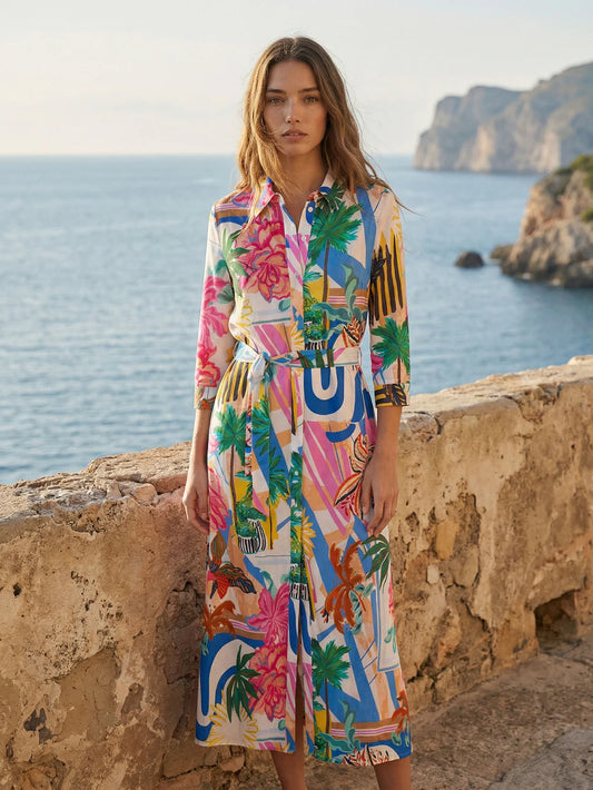 Palm Print Shirt Dress - Multicolor