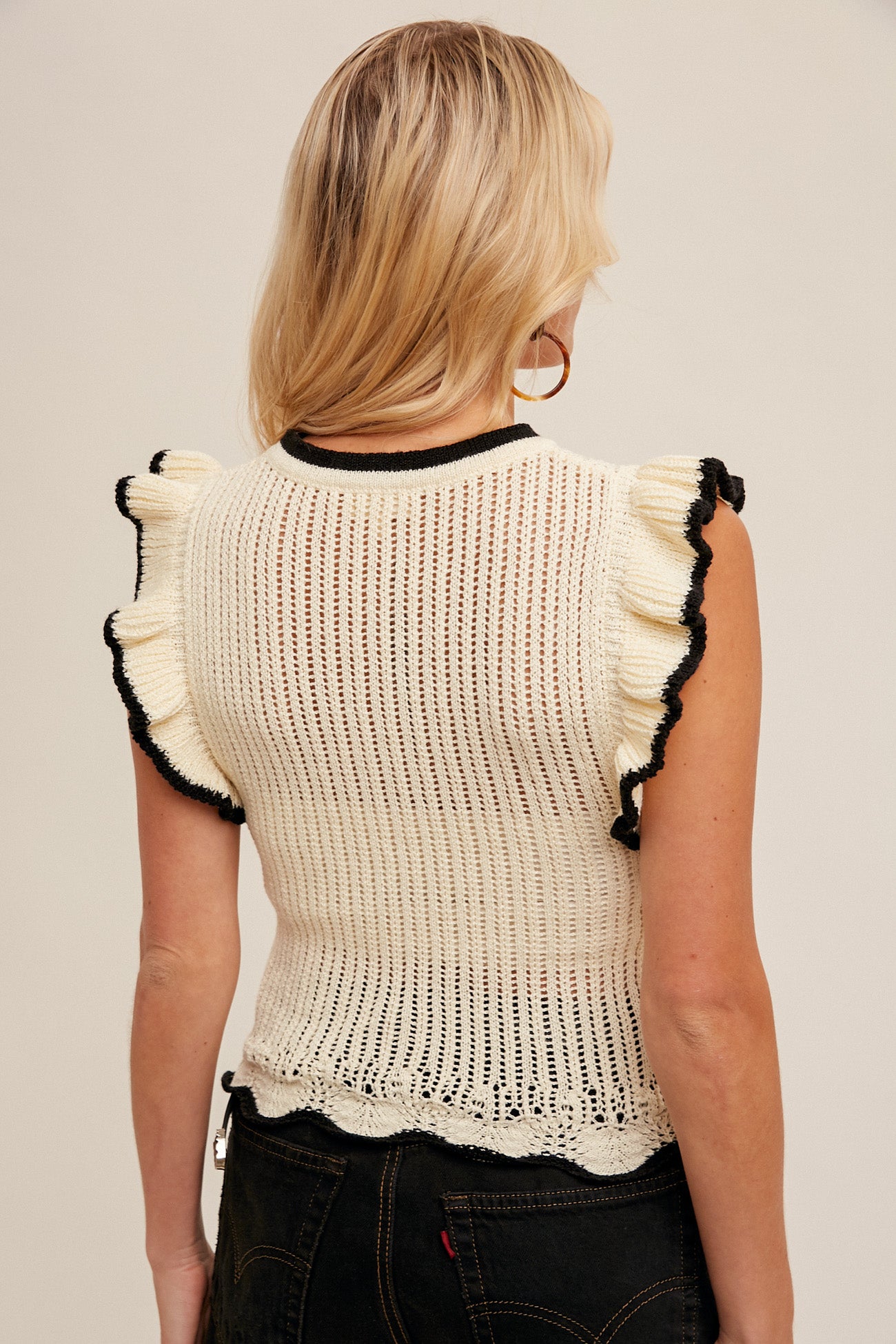 Piping Detail Pointelle Ruffle Top